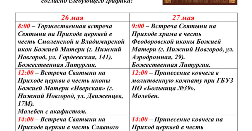 26 и 27 мая 2026 года в Канавинском благочинии будет организовано принесение ковчега с частицей мощей святого праведного Алексия Бортсурманского